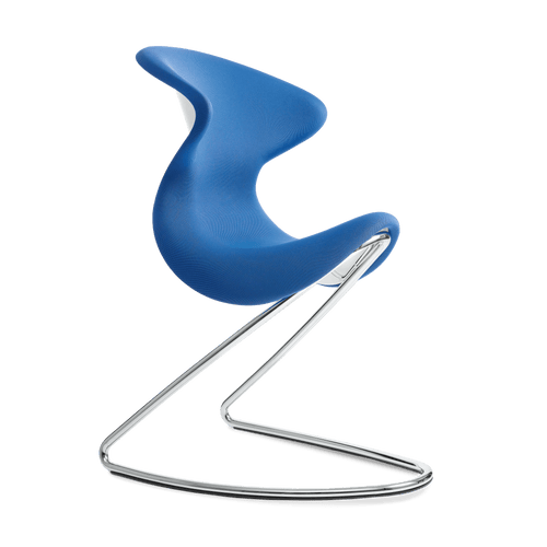 La migliore sedia a dondolo con seduta a sella Aeris Oyo, rivestimento blu, telaio cromato
